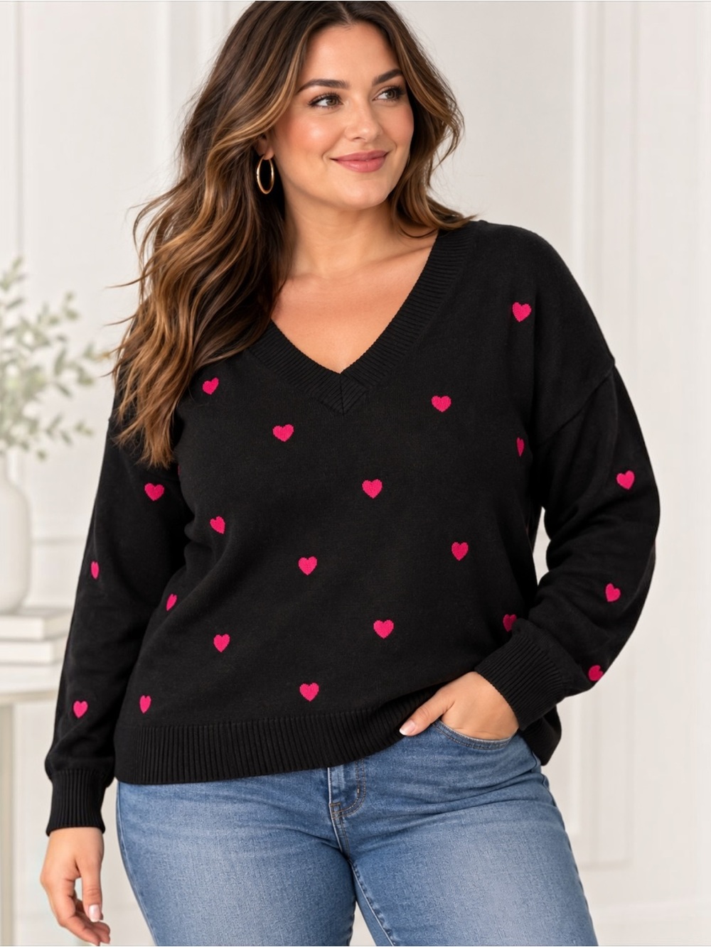 New York & Company Plus 1X Black Pink Heart Print V-Neck Sweater Valentine